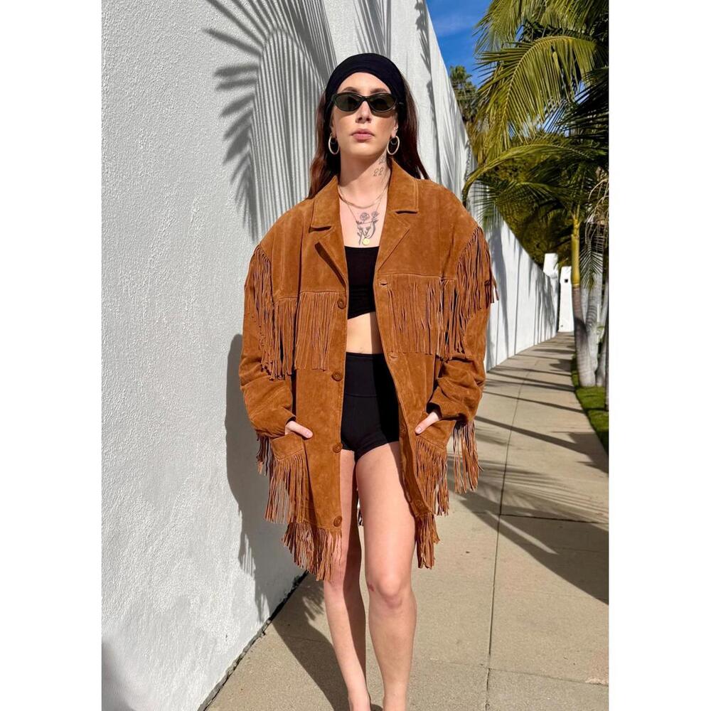 VTG Western Fringe Jacket Tan Brown Suede Leather Oversized Mens Jacket XXL